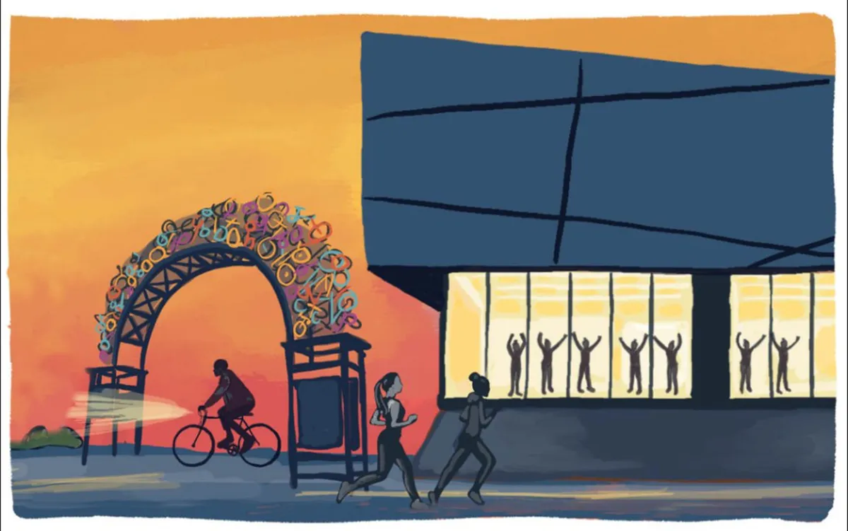 A dynamic scene featuring a colorful archway, people running and biking, and large glass windows with silhouettes. The setting sun adds warmth, while the community activity underscores an energetic, welcoming atmosphere.