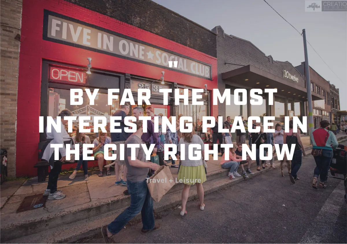 The Five In One Social Club sign is prominently displayed above a crowd of people gathered outside under an 'open' sign. The energy of the group suggests social events, live music, and dining, encapsulating the area's active cultural scene.